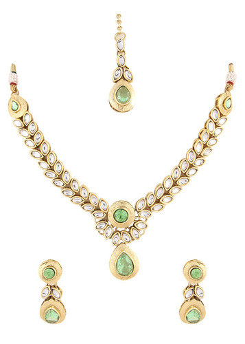 Green Kundan Necklace Set 366 - Gold-Plated, 16 Inches, Green Kundan | Elegant Design, Stud Earrings, Maang Tikka Included, Wedding Wear