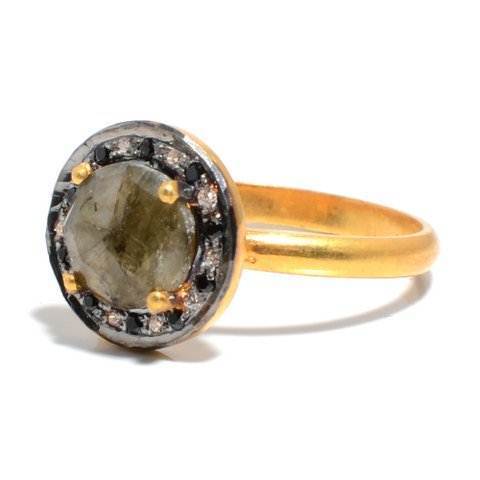 Round Labradorite & Diamond Gemstone Ring