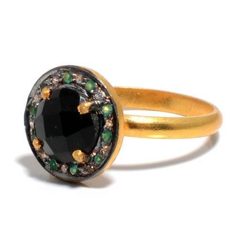 Round Black Onyx & Tourmaline Gemstone Ring
