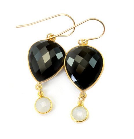 Pear Black Onyx & Rainbow Moonstone Gemstone Earring