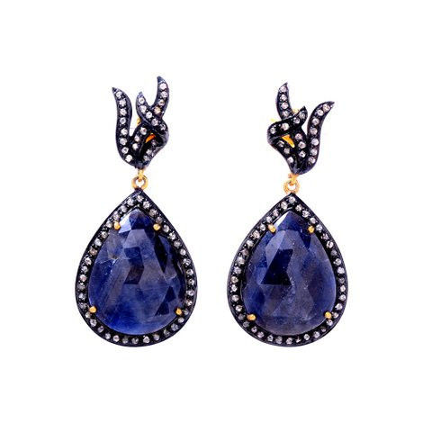 Blue Sapphire & Diamond Gemstone Victorian Earring