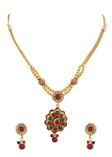 Gold Plated Necklace Earrings Set 348 - Gold Plated, 16 Inches, Multicolor Gemstone Accents | Elegant Design, Matching Set