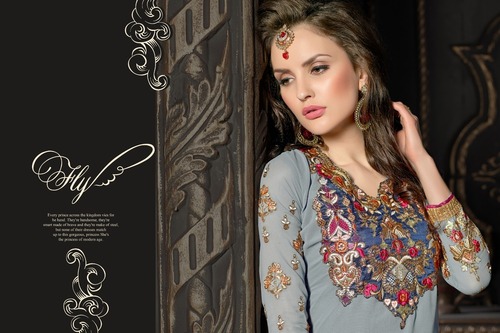 Indian Fancy Suit - 60 Gram Fabric with Lining, Gray Embroidered, 8 Pieces, Elegant Design