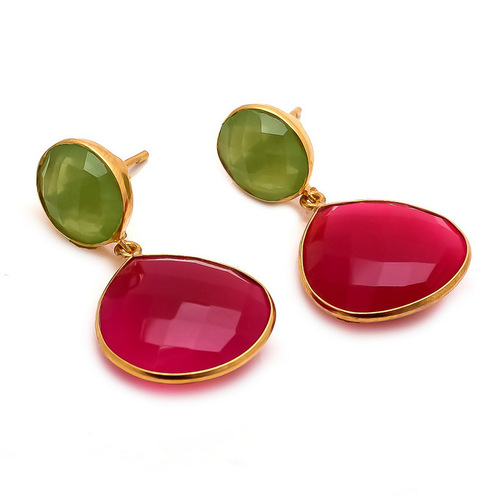 Fuchsia & Sea Green Chalcedony Earrings - 925 Sterling Silver, AAA Quality Pear Shape, 20x24/12 mm