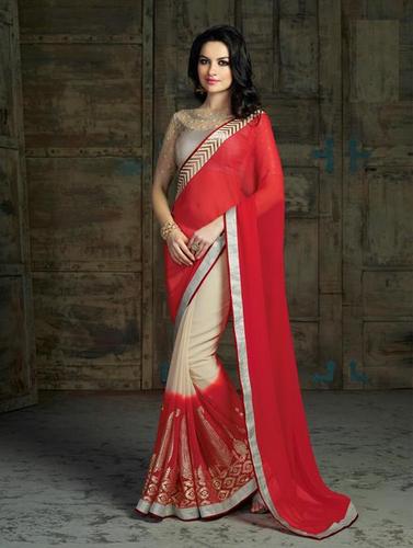 Elegant Red And Cream Casual Wear Office Wear Saree Women Arrival 508