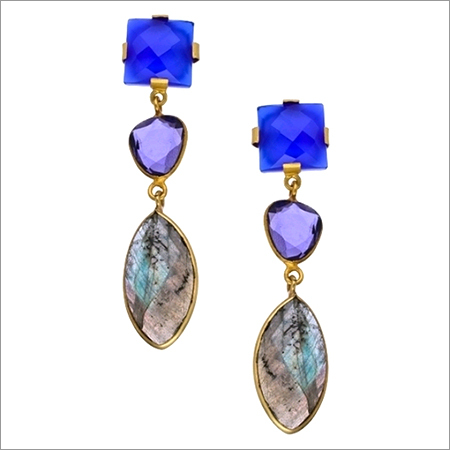 Square Labradorite & Amethyst & Blue Chalcedony Gemstone Earring