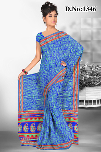 Fancy Printed Sarees - Cotton, 5.5 Meters, Blue | Stylish Prints, Soft Fabric, Vibrant Colors, Comfortable Wear