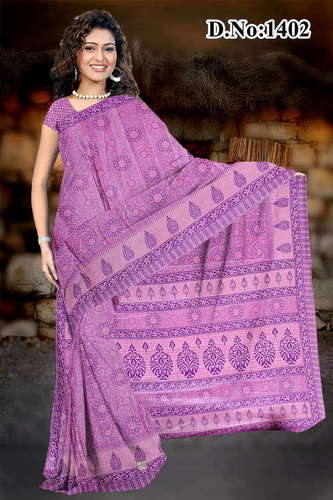 Printed Polyester Sarees - Polyester, 5.5 Meters, Purple | Soft Fabric, Vibrant Block Prints, Elegant Design, Comfortable Wear