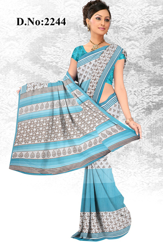 White Color Printed Georgette Saree - 5.5 Meters, Light Blue, Floral Print | Elegant Design, Soft Fabric, Lightweight Feel