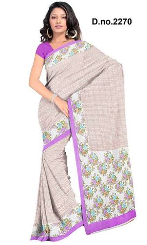 Printed Cotton Saree - 5.5 Meters, Beige, Floral Border | Soft Fabric, Colorfast, Easy Drape, Perfect Finish