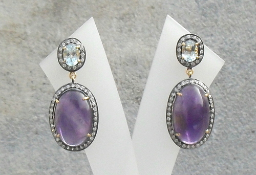 Amethyst, Blue Topaz & Diamond Gemstone Victorian Earring Gender: Women