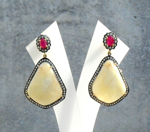 Yellow Sapphire, Ruby & Diamond Gemstone Victorian Earrings Gender: Women