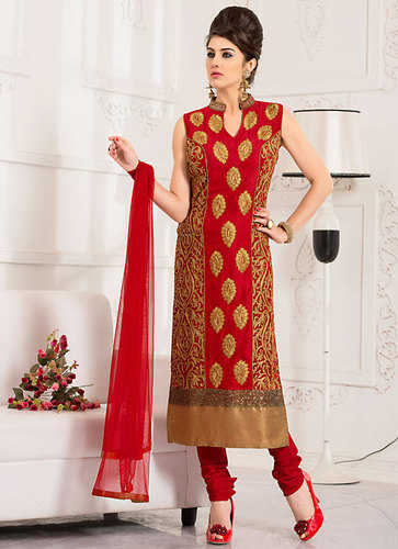 Long Anarkali Dress - Raw Silk|Net, Red | Lace, Patch Work, Resham, Sequins & Stones Embroidery, Sleeveless Ankle-Length