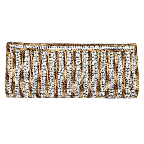 Handmade Golden Beaded Fabric Clutch 10x5 Inches, Magnetic Closure, Diamond Accents
