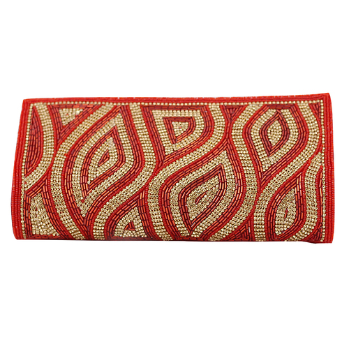 Designer Red Wedding Clutch - Fabric Beads, 10x5 Inches, Red, Magnetic Closure, Zip Compartment