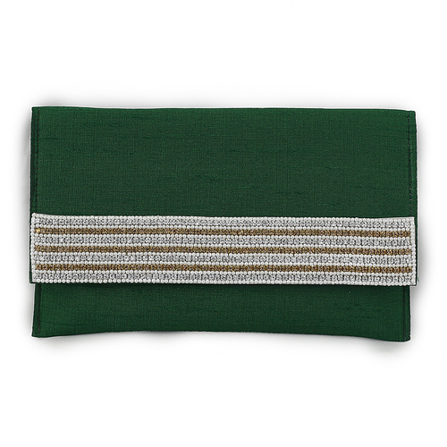 Handmade Designer Green Fabric Clutch, Magnetic Closure, Zip Compartment, Elegant Party Style