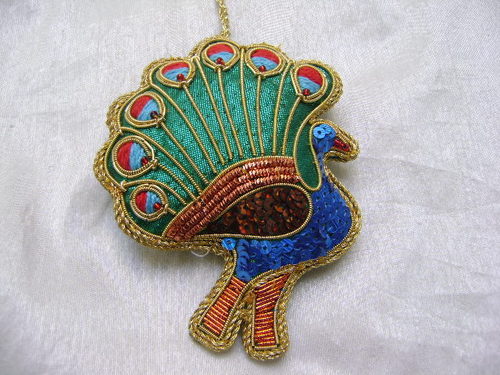 Peacock Ornament - Tissue Cloth, 4x1 Inch Round Design | Green Handmade Holiday Tree Decoration, Light Weight