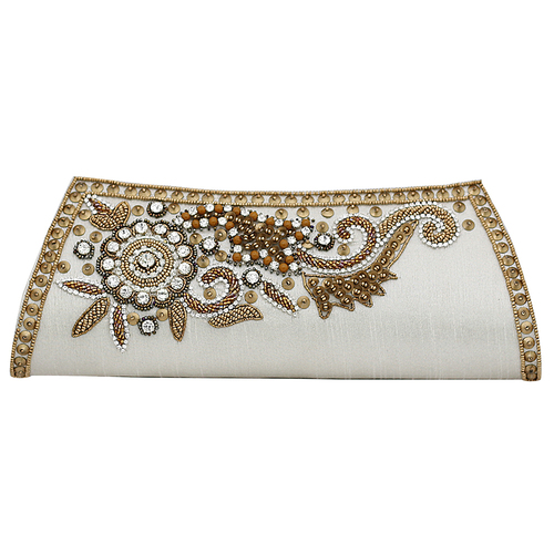 Handmade Designer Bridal Clutch - Fabric Beads, 10x5x2 Inches, Off-White, Magnetic Clasp, One Zipped Compartment