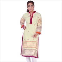 Ladies Ethnic Wear - Rayon Printed Fabric, Full Sleeves In Cream Color, Size L For Summer Wear
