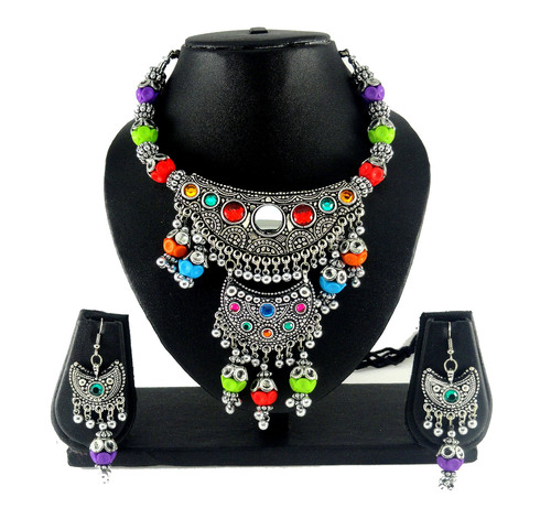 Garba Multi-colour Necklace Earrings Set 317 - Metal Beads, 16 Inch Necklace, 2 Inch Earrings | Elegant Design, Multi-Color, Festive Jewelry Set