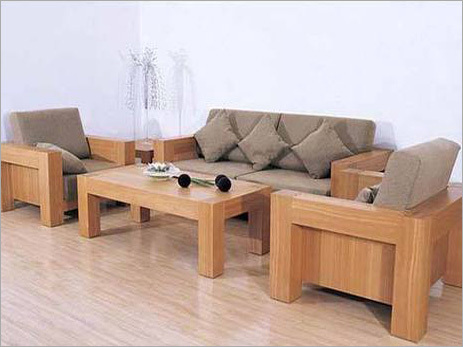 Plain Solid Wooden Sofa Set - Indian Wood, Gala Polish Matte Finish, Set of Five, Contemporary Style, Cushions Included