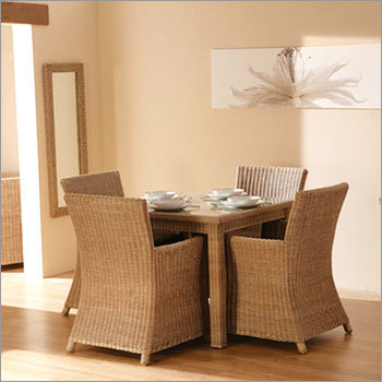 Cane Tea Table Set - Rattan Glossy Brown 4 Pieces Glass Top | Modern Style Cushioned Seating