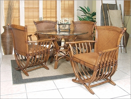Cane Dining Table Set - Indian Cane Material, Glass Top, 4 Piece | Glossy Finish, Cushioned Seats, Contemporary Style