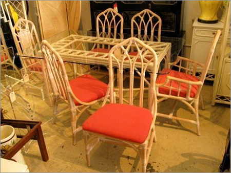 Cane Dining Table Set - Indian Cane Matte/Glossy Finish, Glass Top, 6 Pieces, Cushioned Chairs, Contemporary Style