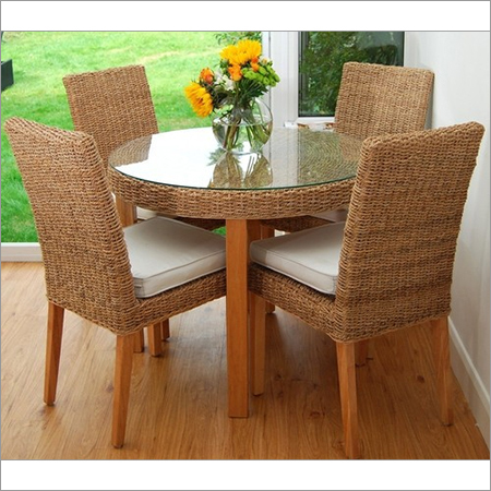 Rattan Webbing Wooden Dining Set - Rattan Cane & Indian Wood, 4 Chairs with Cushions, Glass Top Table | Contemporary Matte/Glossy Finish, Durable, Space Saving