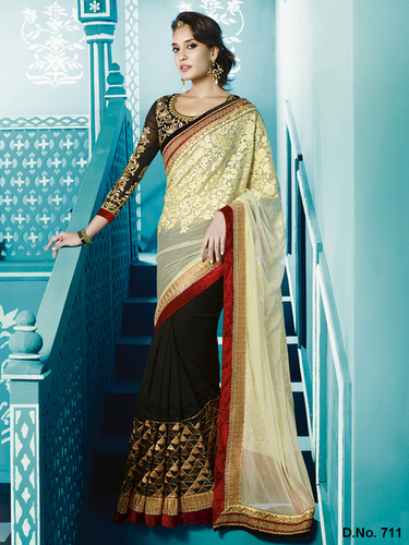 Stylish Sarees - Net Fabric, 5.5 Meters, Beige & Black, Resham Lakhnavi Thread Work with Jari, Pearl & Crystal Embellishments, Elegant Design