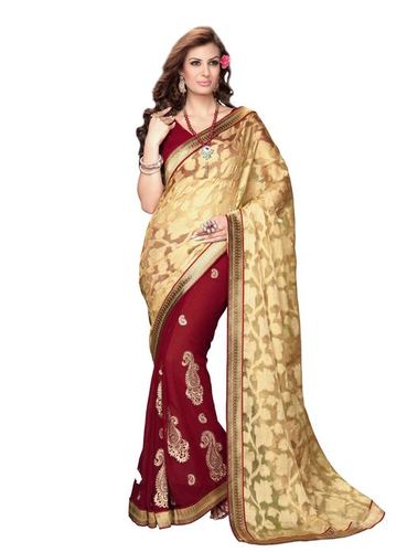 Fancy Party Wear Saree - Georgette, Chiffon Fabric, Red Color | Embroidered Work, Comfortable Fit, Dry Clean