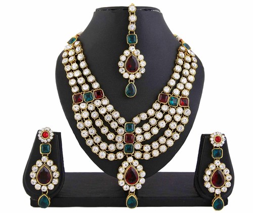 Kundan Red Green Necklace Earrings Tika Set 433 - Alloy 16-18 Inch, Elegant Red Green Kundan Design, Bridal Wedding Set