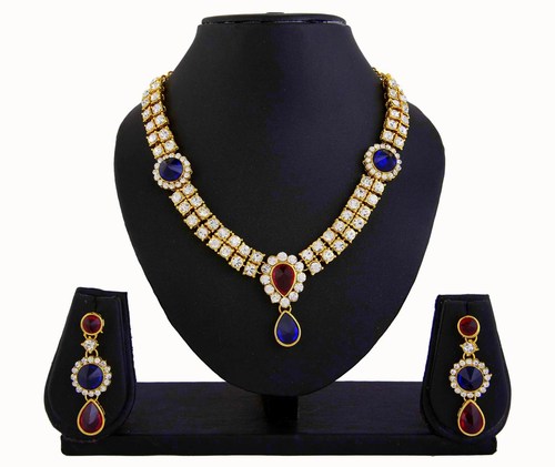 Kundan Pink Blue Necklace Earrings Tika Set 427