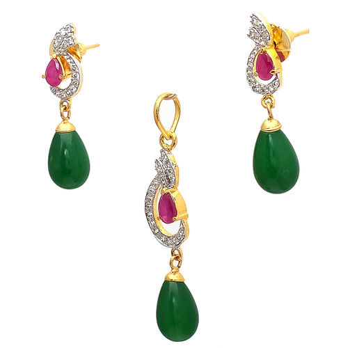 Artificial Pendant Set With Red & Green Gemstone