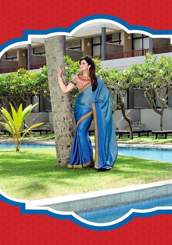 Simple Casual Wear Saree - Satin Chiffon Fabric, Blue, 5.5 Meters | Resham Patch Patti Work, Elegant Design, Comfortable Fit