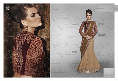 Exclusive Party Wear Saree - Net & Raw Silk Fabric, Beige with Maroon Raw Silk Blouse, Embroidered Work, Fade Resistant