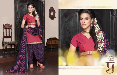 Designer Patiyala Salwar Kameez - Cotton Sartin Top & Bottom 2M, Chiffon Dupatta 2.2M, Salmon Floral Print, Stylish Elegant Look