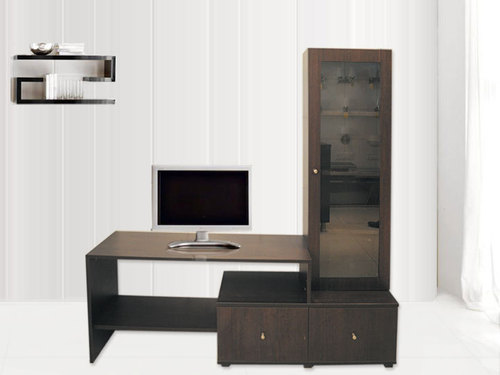 L-Shape T.V Unit - Premium Wood, Dark Brown, Variable Dimensions | Mirror Door Cabinet, Two Drawers, Contemporary Style
