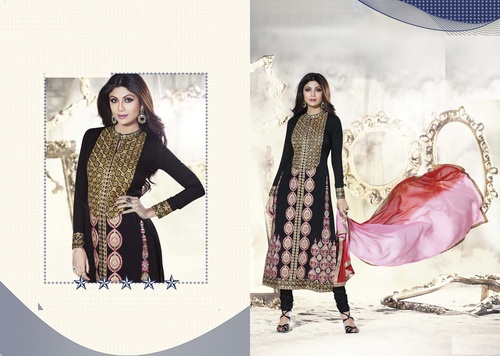 Designer Salwar Kameez - Georgette Jaquard Fabric, Black, Semi Stitched | Stone Embellishment, Elegant Design, Dupatta Included
