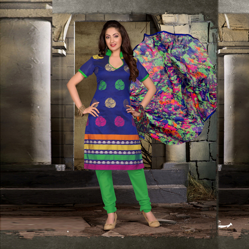 Simple Casual Salwar Kameez - Banarsi Cotton Royal Blue Top, Cotton Parrot Green Bottom, Multi Chiffon Dupatta, Resham & Patch Work, Dry Clean