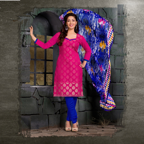 Casual Wear Salwar Kameez - Banarsi Cotton Top Pink, Cotton Blue Bottom, Chiffon Multi Dupatta | Comfortable, Stylish, Elegant, Breathable