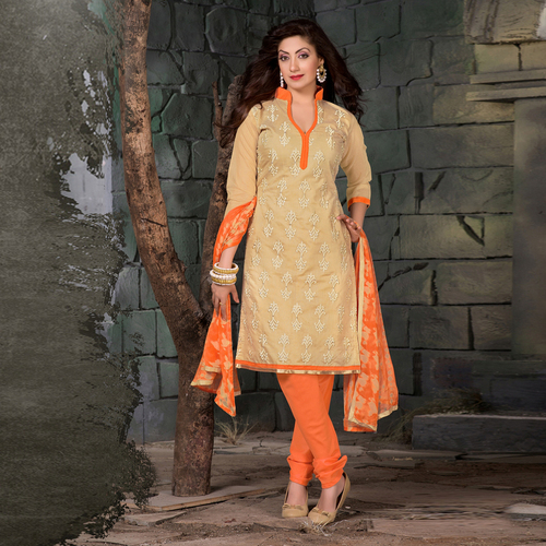Simple Casual Salwar Kameez - Banarsi Cotton Top Light Cream, Cotton Orange Bottom, Chiffon Orange Dupatta, Resham Patch Work, Dry Clean