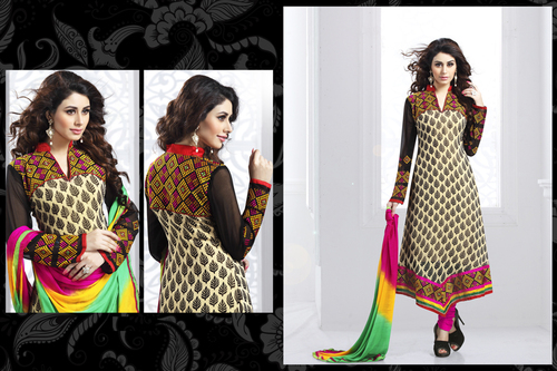 Embroidry Work Designer Salwar Kameez - Georgette Top Beige Black, Santoon Pink Bottom, Multi Chiffon Dupatta | Elegant Design, Intricate Patchwork Embroidery, Comfortable Wear