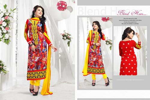 Casual Salwar Kameez - Georgette Top Red, Santoon Bottom Yellow, Chiffon Dupatta Yellow, Resham Patch Border, Stylish Comfortable Elegant