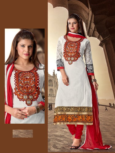 Cotton Salwar Kameez - White Top Cotton, Red Bottom Cotton, Red Chiffon Dupatta, Resham Patch Patti Work, Soft Comfortable Fit