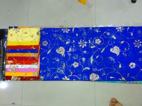 Poly Dani Hand Print with Motichur Work - Polyester, 44 Inches, Blue | Hand-Printed, Vibrant Colors, Durable Material