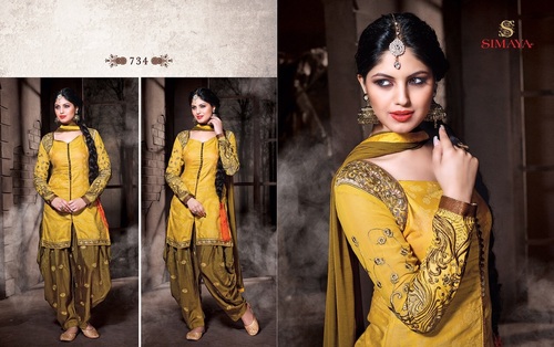 DESIGNER SALWAR SUIT - Cotton Blend, 50-55 Inches, Mustard Yellow | Embroidered Work, Stylish Punjabi Style, Comfortable Fit