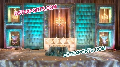LATEST INDIAN WEDDING BACKDROP SET - Fiber and Wood, Customizable Size, Teal Color | Elegant Design, Integrated Lighting, Easy Assembly, Durable Materials