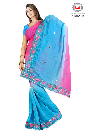 Embroidered Fancy Sarees - Georgette Blue, Printed, Intricate Embroidery | Elegant, Soft Fabric, Party Wear