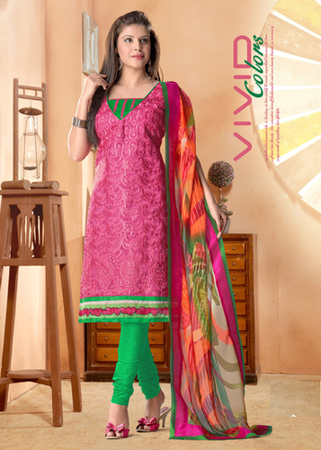 Casual Salwar Kameez - Art Cotton Pink Top, Cotton Green Bottom, Multi Chiffon Dupatta, Resham Patch Border | Comfortable, Stylish, Elegant